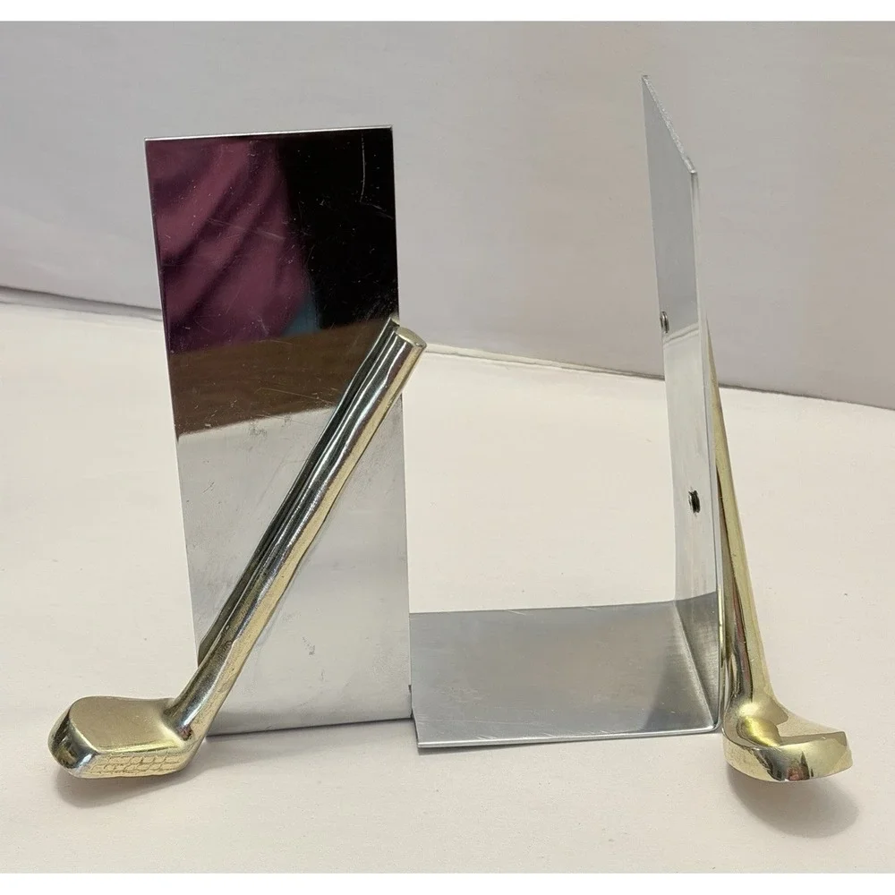 VTG MCM Chrome Golf Club Bookends Office Decor Silver Gold Metal Pair Retro Mod
